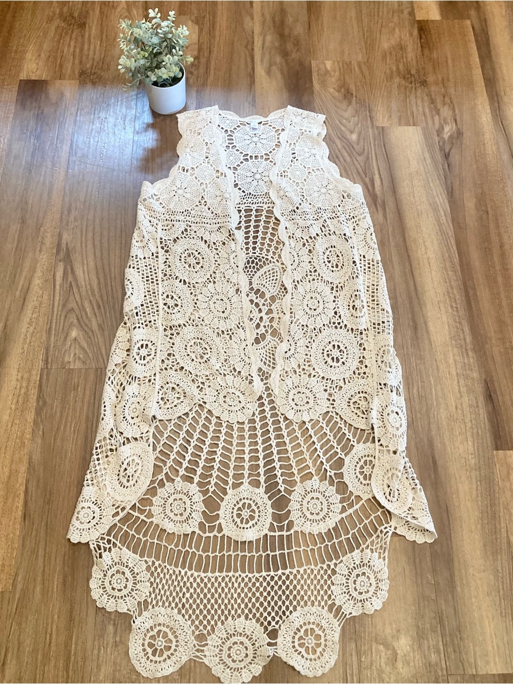 Cato Cream Crochet Open-Front Vest Duster 100% Cotton